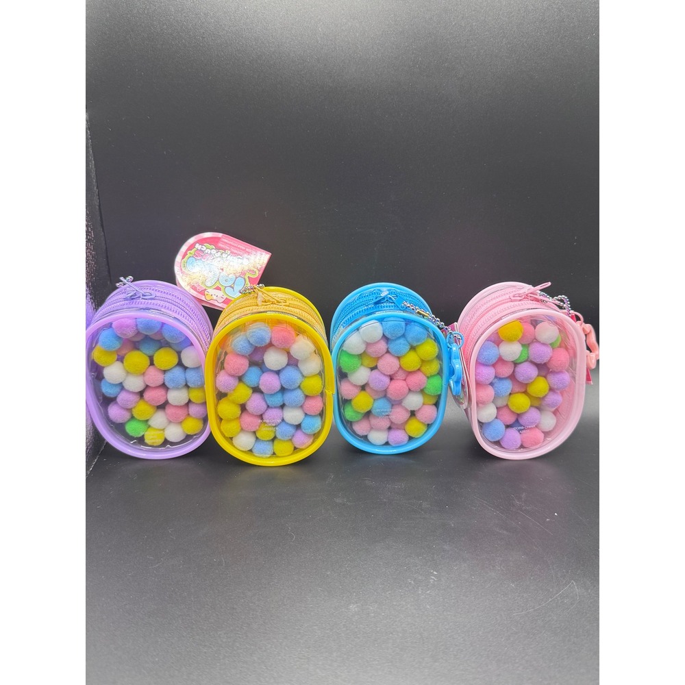 Kawaii Animal Plushie Pouch Set 4pc Clear Case Pom Pom Bag Charm Pastel Keychain - Picture 2 of 3